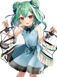 Rule 34 | 1girl, absurdres, bare shoulders, bikini, double bun, dress, green hair, hair bun, hair ornament, highres, holding, holding clothes, holding swimsuit, hololive, kito koruta, knees together feet apart, looking at viewer, open mouth, red eyes, ribbon, short hair, skull hair ornament, sleeveless, sleeveless dress, solo, swimsuit, unworn bikini, uruha rushia, virtual youtuber, white background, wrist ribbon