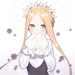 Rule 34 | 1girl, :&lt;, abigail williams (fate), abigail williams (festival outfit) (fate), artist request, blonde hair, blush, braid, bug, butterfly, commentary request, fate/grand order, fate (series), hair ornament, highres, insect, long hair, looking at viewer, official alternate costume, parted bangs, simple background, sleeves past fingers, sleeves past wrists, solo, upper body, white background