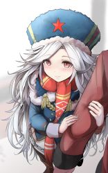 Rule 34 | 1girl, arm hug, black pantyhose, blue capelet, blue headwear, blue jacket, blurry, blurry background, blush, boots, brown footwear, capelet, closed mouth, commander (girls&#039; frontline), commentary request, depth of field, fingernails, fringe trim, fur-trimmed capelet, fur hat, fur trim, girls&#039; frontline, griffin &amp; kryuger military uniform, hat, highres, jacket, long hair, looking away, makarov (girls&#039; frontline), out of frame, pantyhose, pleated skirt, red eyes, red jacket, red scarf, scarf, silver hair, skirt, smile, solo focus, star (symbol), take (trude1945oneetyan), very long hair, white skirt