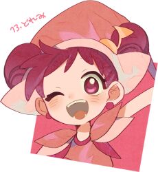 Rule 34 | 1girl, ;d, arm up, blush, character name, commentary request, double bun, dress, earrings, fortissimo, hair bun, hair ornament, harukaze doremi, hat, jewelry, looking at viewer, magical girl, miwasiba, musical note, musical note hair ornament, ojamajo doremi, one eye closed, open mouth, pink dress, pink eyes, pink hat, short hair, smile, solo, upper body, witch hat