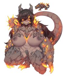 Rule 34 | 1girl, animal, armor, black hair, black sclera, breasts, claws, colored sclera, colored skin, commentary, drakomire, english commentary, extra eyes, full body, glowing, glowing eyes, grey skin, hair between eyes, highres, horns, huge breasts, long hair, looking at viewer, monster girl, navel, nyong nyong, orange eyes, personification, pixel art, reference inset, scales, scar, scar on face, scar on nose, simple background, solo, squatting, tail, terraria, very long hair, white background