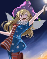 Rule 34 | 1girl, american flag, american flag dress, american flag legwear, american flag shirt, blonde hair, clownpiece, dress, fairy, fairy wings, frilled shirt collar, frills, hat, highres, holding, holding torch, hoshiringo0902, jester cap, leggings, long hair, neck ruff, one-hour drawing challenge, pants, pantyhose, pink eyes, polka dot, polka dot headwear, purple hat, smile, solo, star (symbol), star print, striped clothes, striped dress, striped pantyhose, torch, touhou, very long hair, wings