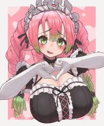 Rule 34 | 1girl, absurdres, alternate costume, blush, border, braid, breasts, cleavage, commentary request, elbow gloves, enmaided, frills, gloves, gradient hair, green eyes, green hair, heart, heart hands, heart pendant, highres, huge breasts, jaguarsee, kanroji mitsuri, kimetsu no yaiba, long hair, looking at viewer, maid, moe moe kyun!, mole, mole under each eye, mole under eye, multicolored hair, multiple braids, multiple moles, open mouth, partial commentary, pink hair, shy, simple background, smile, solo, tri braids, upper body, white border, white gloves