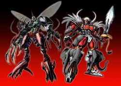 Rule 34 | antennae, armor, asymmetrical armor, asymmetrical arms, beast wars, beast wars ii, beetle, blue eyes, bug, cicada, claws, clenched hand, extra eyes, friends, gattai, glowing, glowing eyes, green eyes, head tilt, highres, holding, holding sword, holding weapon, insect, insect wings, lobster, looking at viewer, magnaboss, maximal, mecha, no humans, oohara tetsuya, orange eyes, organic, rhinoceros beetle, robot, science fiction, sharp teeth, signature, solo, sword, teeth, transformers, tripredacus, tusks, weapon, white background, wings