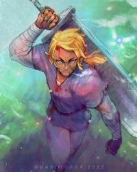 Rule 34 | 1boy, alternate weapon, berserk, blonde hair, blood, blood on face, blue eyes, commentary, crossover, dragonslayer (sword), earrings, english commentary, highres, holding, holding sword, holding weapon, huge weapon, jewelry, link, male focus, manly, nintendo, pointy ears, quasimodox, short ponytail, solo, sword, the legend of zelda, the legend of zelda: breath of the wild, weapon, weapon on back
