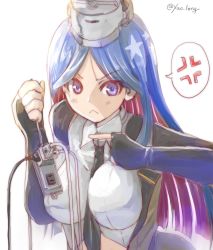 Rule 34 | 1girl, anger vein, black gloves, black jacket, black necktie, blue hair, breasts, cable, chicken99, commentary request, crop top, dress shirt, elbow gloves, electric plug, electrical outlet, extension cord, gloves, headgear, highres, jacket, kantai collection, large breasts, long hair, looking at viewer, multicolored hair, necktie, open clothes, open jacket, pointing, red hair, shirt, simple background, solo, south dakota (kancolle), spoken anger vein, star (symbol), white background, white hair, white shirt