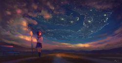 Rule 34 | 1girl, artist name, brown hair, bus stop, city lights, cloud, cloudy sky, commentary request, evening, feel (nasitaki), highres, looking up, original, outdoors, pleated skirt, road, road sign, scenery, school uniform, serafuku, short hair, sign, signature, skirt, sky, solo