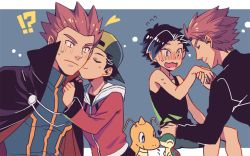 Rule 34 | !?, 2boys, backwards hat, bad id, bad pixiv id, bare arms, baseball cap, black hair, black shirt, blush, cape, closed eyes, closed mouth, commentary request, creatures (company), cyndaquil, dragonite, ethan (pokemon), flying sweatdrops, game freak, gen 1 pokemon, gen 2 pokemon, hat, heart, invisible chair, jacket, lance (pokemon), long sleeves, male focus, multiple boys, nintendo, pokemon, pokemon (creature), pokemon hgss, red hair, red jacket, shirt, short hair, shorts, sitting, sleeveless, sleeveless shirt, smile, spiked hair, sweatdrop, xichii, yaoi
