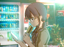 Rule 34 | 1girl, absurdres, artist name, blurry, blurry background, braid, brown hair, day, eating, emily cooper (scrophopper), glasses, highres, holding, holding phone, holding sandwich, long hair, looking at phone, original, outdoors, phone, profile, scrophopper, short sleeves, sidelocks, twintails, vending machine