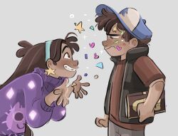 Rule 34 | 1boy, 1girl, angry, annoyed, aqua hairband, baseball cap, blue headwear, book, braces, brother and sister, brown eyes, brown hair, brown shorts, clenched hand, confetti, dipper pines, earrings, eye contact, freckles, frown, glitter, gravity falls, grin, hairband, half-closed eyes, hat, heart, holding, holding book, jewelry, jjgg art, leaning forward, long hair, long sleeves, looking at another, mabel pines, pine tree, purple sweater, red shirt, shirt, short sleeves, shorts, siblings, sleeveless, sleeveless jacket, smile, star (symbol), star earrings, sticker on face, sweater, t-shirt, tree, tree print, turtleneck, turtleneck sweater, twins, very long hair