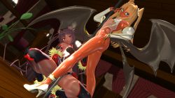 Rule 34 | 2girls, 3d, artist request, ass, bare legs, blonde hair, blue eyes, blush, breasts, cameltoe, curvy, dancing, dark-skinned female, dark skin, fake wings, female focus, fingernails, full body, futaba lili ramses, hair ribbon, hand on own hip, highleg, highleg leotard, highres, huge ass, leotard, long hair, looking at viewer, magical girl, mizuki yukikaze, multiple girls, pole, pole dancing, ribbon, shiny clothes, shiny skin, skin tight, small breasts, squatting, standing, taimanin (series), taimanin suit, taimanin yukikaze, tentacle and witches, thong leotard, twintails, wide hips, wings