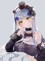 Rule 34 | 1girl, absurdres, bad id, bad twitter id, bare shoulders, blunt bangs, blush, breasts, choker, cross, earpiece, garrison cap, girls&#039; frontline, green eyes, grey background, hair ornament, hair ribbon, hand on own cheek, hand on own face, hat, highres, hk416 (girls&#039; frontline), hk416 (mod3) (girls&#039; frontline), iron cross, large breasts, long hair, looking at viewer, mod3 (girls&#039; frontline), myoushun, nose, off shoulder, ribbon, sidelocks, silver hair, simple background, smile, solo, straight hair, very long hair