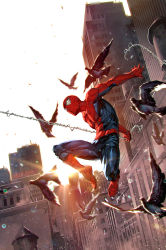 Rule 34 | 1boy, airborne, bird, bodysuit, comic cover, commentary, cover image, english commentary, flying, gloves, highres, kael ngu, male focus, marvel, mask, official art, open hand, pigeon, red bodysuit, red gloves, sky, solo, spider-man, spider-man (series), spider web print, sunrise, superhero costume