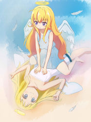 Rule 34 | 1girl, 1other, absurdres, angel wings, bare shoulders, bike shorts, black shorts, blonde hair, blue eyes, broken halo, crimvael, crossover, dress, feathers, gabriel dropout, gabriel tenma white, halo, hands on another&#039;s chest, highres, ishuzoku reviewers, long hair, lying, on back, voice actor connection, shorts, sitting, sitting on person, strapless, strapless dress, trait connection, white dress, wings