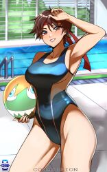 Rule 34 | 1girl, absurdres, armpits, ball, breasts, brown eyes, ceroccb, competition swimsuit, covered navel, day, headband, highres, holding, holding ball, kasugano sakura, large breasts, one-piece swimsuit, pool, red headband, short hair, smile, solo, standing, street fighter, street fighter v, swimsuit, thighs, water