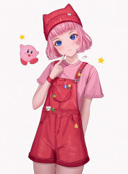Rule 34 | 1girl, absurdres, aendi en d endei, animal hat, blue eyes, blunt bangs, blush, bob cut, child, colored eyelashes, finger to own chin, hat, highres, kirby, kirby&#039;s dream land, kirby (series), looking at viewer, nail polish, nintendo, personification, pink hair, pink shirt, shirt, short hair, shorts, signature, smile, standing, star (symbol), suspender shorts, suspenders, t-shirt, upper body, white background