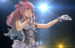 Rule 34 | 1girl, aqua hair, armband, breasts, candy hair ornament, cleavage, crescent, crescent earrings, crown, earrings, food-themed hair ornament, gloves, gradient hair, green eyes, hair ornament, headset, heterochromia, himemori luna, hololive, hololive idol uniform, jewelry, lens flare, long hair, medium breasts, mini crown, multicolored hair, one side up, open mouth, pink hair, purple eyes, ring, shio no.9, smile, solo, upper body, virtual youtuber, white gloves