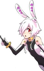 Rule 34 | 1girl, animal ears, bare shoulders, black bodysuit, bodysuit, breasts, bunny (d-rex), bunny girl, covered navel, d-rex, detached ears, fake animal ears, hair over one eye, hand up, index finger raised, looking at viewer, original, pilot suit, pointing, pointing up, rabbit ears, red eyes, science fiction, short hair, short hair with long locks, small breasts, solo, white bodysuit, white hair