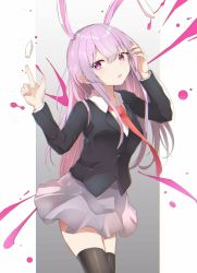 Rule 34 | 1girl, :o, alternate eye color, animal ears, arms up, black thighhighs, bullet, commentary request, contrapposto, cowboy shot, finger gun, grey background, hair between eyes, hand in own hair, highres, iyo (ya na kanji), jacket, light purple hair, long hair, long sleeves, miniskirt, necktie, pleated skirt, purple eyes, purple skirt, rabbit ears, red necktie, reisen udongein inaba, shirt, sidelocks, skirt, solo, splatter background, standing, suit jacket, teeth, thighhighs, touhou, upper teeth only, very long hair, white shirt