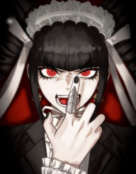 Rule 34 | 1girl, bad id, bad twitter id, black hair, black jacket, black nails, blunt bangs, bonnet, celestia ludenberg, claw ring, danganronpa: trigger happy havoc, danganronpa (series), drill hair, earrings, fangs, frilled shirt, frills, gothic lolita, jacket, jewelry, kirara (kiraronpa), lolita fashion, long hair, long sleeves, looking at viewer, nail polish, necktie, open mouth, portrait, red background, red eyes, red necktie, shirt, smile, solo, teeth, tongue, twin drills, twintails, white shirt