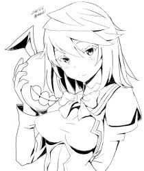 Rule 34 | 1girl, blush, breasts, closed mouth, greyscale, guilty gear, guilty gear xrd, long hair, looking at viewer, monochrome, ramlethal valentine, school uniform, simple background, smile, white background, zaki (narashigeo)