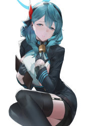 Rule 34 | 1girl, ako (blue archive), black gloves, black skirt, black thighhighs, blazpu, blue archive, blue eyes, blue hair, blue jacket, breasts, clipboard, earrings, garter straps, gloves, hair between eyes, hairband, half gloves, halo, highres, holding, holding clipboard, jacket, jewelry, large breasts, long hair, long sleeves, looking at viewer, miniskirt, red ribbon, ribbon, sideboob, skirt, solo, thighhighs, thighs
