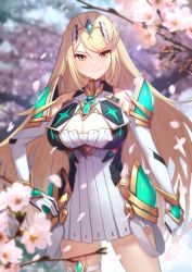 Rule 34 | 1girl, absurdres, bare legs, bare shoulders, blonde hair, blush, breasts, chest jewel, cleavage, cleavage cutout, clothing cutout, dress, earrings, elbow gloves, gloves, green322, headpiece, highres, jewelry, large breasts, long hair, looking at viewer, mythra (xenoblade), ribbed swimsuit, short dress, solo, swept bangs, thigh strap, tiara, very long hair, white dress, white gloves, xenoblade chronicles (series), xenoblade chronicles 2, yellow eyes