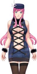 Rule 34 | 1girl, aqua eyes, blush, cleavage cutout, closed game, clothing cutout, cowboy shot, dress, hat, lacey mallett, long hair, looking at viewer, no bra, pink hair, sei shoujo, simple background, smile, solo, thighhighs, transparent background, wristband, zettai ryouiki