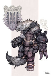 Rule 34 | 1boy, animal, armlet, armor, chain, clenched teeth, crest, ds hand55, fantasy, full body, furry, gauntlets, highres, hyena, key, lock, monster, muscular, muscular male, original, red eyes, shoulder spikes, simple background, spikes, standing, steam, tail, teeth