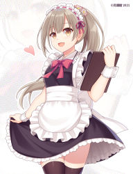 Rule 34 | 1girl, :d, apron, black dress, black thighhighs, blush, bow, brown eyes, brown hair, commentary request, copyright request, dress, fang, frilled apron, frilled dress, frills, heart, hitsuki rei, holding, long hair, looking at viewer, maid, open mouth, ponytail, puffy short sleeves, puffy sleeves, red bow, short sleeves, smile, solo, thighhighs, very long hair, white apron, wrist cuffs, zoom layer
