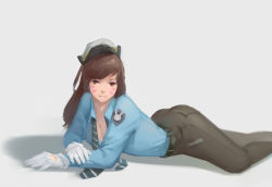 Rule 34 | 132 (353488448), 1girl, absurdres, animal print, belt, belt buckle, black pants, blue shirt, breasts, brown eyes, brown hair, buckle, cleavage, collared shirt, d.va (overwatch), facepaint, facial mark, female service cap, gloves, hat, highres, light smile, long hair, long sleeves, looking at viewer, lying, medium breasts, necktie, officer d.va, official alternate costume, on stomach, overwatch, overwatch 1, pants, parted lips, rabbit print, shirt, simple background, sketch, smile, solo, tight clothes, tight pants, uniform, untied, whisker markings, white background, white gloves