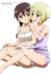 Rule 34 | 2girls, :d, absurdres, bare arms, blonde hair, blue eyes, breasts, brown eyes, brown hair, cheek poking, collarbone, erica hartmann, feet out of frame, gertrud barkhorn, highres, legs, medium breasts, megami magazine, multiple girls, official art, open mouth, poking, purple shirt, purple shorts, shirt, short hair, shorts, sidelocks, simple background, sleepwear, smile, strike witches, twintails, white background, white shirt, white shorts, world witches series