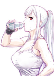 Rule 34 | 00s, 1girl, bottle, breasts, cleavage, drinking, fingerless gloves, gloves, ponytail, red eyes, selvaria bles, senjou no valkyria (series), solo, tank top, ueyama michirou, upper body, white hair