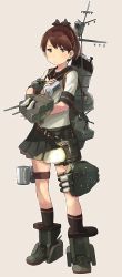 Rule 34 | 1girl, absurdres, adapted turret, black sailor collar, black skirt, brown eyes, brown hair, cannon, commentary, commentary request, depth charge, full body, grey background, highres, kantai collection, looking at viewer, machinery, matsutani, original remodel (kantai collection), pleated skirt, ponytail, sailor collar, school uniform, searchlight, serafuku, shikinami (kancolle), short hair, simple background, skirt, smokestack, solo, standing, torpedo launcher, turret