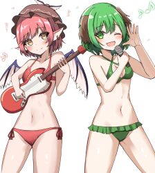 Rule 34 | 2girls, absurdres, animal ears, bikini, bird ears, bird wings, blush, breasts, brown headwear, choujuu gigaku, closed mouth, collarbone, commentary, dog ears, earrings, eighth note, electric guitar, green bikini, green eyes, green hair, guitar, hair between eyes, hat, highres, holding, holding instrument, holding microphone, instrument, jewelry, kasodani kyouko, kiui (dagk8254), microphone, multiple girls, music, musical note, mystia lorelei, navel, one eye closed, open mouth, pink hair, playing instrument, red bikini, short hair, simple background, single earring, small breasts, smile, swimsuit, touhou, white background, white wings, winged hat, wings, yellow eyes
