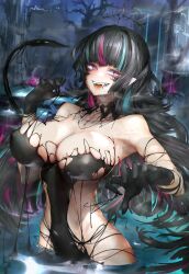Rule 34 | 1girl, aqua hair, bare shoulders, bare tree, black choker, black dress, black gloves, black hair, breasts, choker, collarbone, commission, covered navel, dress, emma llama, ferinosaki, floating hair ornament, gloves, highres, indie virtual youtuber, large breasts, liquid clothes, liquid from eyes, long hair, multicolored hair, open mouth, pink eyes, pink hair, pixiv commission, sharp teeth, solo, streaked hair, teeth, tiara, tree, virtual youtuber