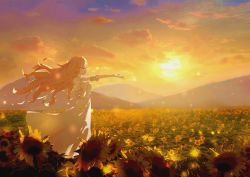 Rule 34 | 1girl, blonde hair, closed eyes, cloud, commentary request, detached sleeves, dress, evening, field, flower, flower field, h1910984490, hand on own chest, highres, horizon, isabella holly, landscape, light purple hair, long hair, mountain, mountainous horizon, outstretched arm, revdol, scenery, sky, solo, standing, sun, sunflower, sunflower field, sunset, virtual youtuber, white dress