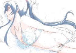 Rule 34 | 1girl, black hair, blue bra, blue panties, blush, bra, breasts, collarbone, female masturbation, highres, kantai collection, large breasts, long hair, lying, masturbation, nail polish, navel, on bed, on side, open mouth, panties, panty pull, ponytail, purple nails, red eyes, scrunchie, sidelocks, solo, underwear, underwear only, vent arbre, very long hair, yahagi (kancolle)