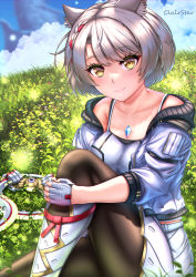 Rule 34 | 1girl, animal ears, breasts, camisole, cat ears, chakram, chest jewel, clairstar, highres, leggings, mio (xenoblade), pantyhose, shoulder strap, small breasts, solo, tank top, thighs, weapon, white camisole, white tank top, xenoblade chronicles (series), xenoblade chronicles 3, yellow eyes