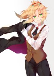 Rule 34 | 1girl, arm out of sleeve, ashino, black jacket, black necktie, black pants, blazer, blonde hair, blush, commentary request, dressing, eyes visible through hair, fate (series), gloves, green eyes, grin, highres, holding, holding clothes, holding jacket, jacket, long sleeves, looking at viewer, mordred (fate), mordred (fate/apocrypha), mordred (formal dress) (fate), necktie, pants, parted bangs, short necktie, simple background, smile, solo, standing, v-shaped eyebrows, waistcoat, white background, white gloves, widow&#039;s peak, wing collar