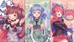 Rule 34 | 3girls, ;d, beamed eighth notes, black shirt, blue bow, blue eyes, blue hair, bow, brown hair, cloak, closed eyes, disembodied head, dress, grass root youkai network, green kimono, hair bow, highres, holding, holding microphone, imaizumi kagerou, japanese clothes, kemo chiharu, kimono, long hair, looking at viewer, microphone, multiple girls, multiple heads, music, musical note, one eye closed, open mouth, quarter note, red eyes, red hair, red skirt, sekibanki, shirt, short hair, singing, skirt, smile, touhou, wakasagihime, white dress