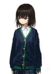 Rule 34 | 1girl, black hair, black skirt, blue jacket, closed mouth, collared shirt, dress shirt, eyebrows hidden by hair, grey eyes, hair between eyes, highres, jacket, long sleeves, looking away, looking to the side, original, school uniform, shirt, sho (sho lwlw), simple background, skirt, sleeves past wrists, solo, white background, white shirt