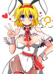 Rule 34 | 1girl, ?, adapted costume, alice margatroid, animal ears, ascot, bare shoulders, blonde hair, blue eyes, blush, bow, bowtie, breasts, capelet, cleavage, detached collar, earrings, fake animal ears, fishnet pantyhose, fishnets, hairband, hand on own hip, heart, heart-shaped pupils, highres, jewelry, large breasts, bridal garter, leotard, pantyhose, playboy bunny, rabbit ears, ribbon, rindou (p41neko), sash, short hair, smile, solo, spoken question mark, symbol-shaped pupils, touhou, v, wide hips, wrist cuffs