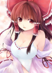 Rule 34 | 1girl, bad id, bad pixiv id, bow, breasts, brown eyes, brown hair, cleavage, detached sleeves, female focus, hair bow, hakurei reimu, japanese clothes, large breasts, miko, short hair, solo, touhou, yostxxx