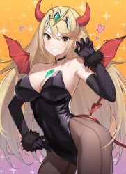 Rule 34 | 1girl, absurdres, bare shoulders, black gloves, black leotard, blonde hair, blush, breasts, brown pantyhose, chest jewel, choker, cleavage, collarbone, covered navel, demon horns, demon tail, demon wings, earrings, elbow gloves, gloves, green322, grin, halloween costume, highleg, highleg leotard, highres, horns, jewelry, large breasts, leotard, long hair, looking at viewer, mythra (xenoblade), pantyhose, smile, solo, swept bangs, tail, thighs, tiara, wings, yellow eyes