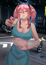Rule 34 | 1girl, azur lane, bare shoulders, blush, breasts, bremerton (azur lane), cellphone, cleavage, collarbone, green pants, green sports bra, hair ornament, high-waist pants, highres, kurozawa yui, large breasts, long hair, looking at viewer, midriff, nail polish, open mouth, pants, phone, pink eyes, pink hair, selfie, sidelocks, smile, solo, sports bra, thighs, tight clothes, tight pants, twintails, yoga pants