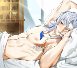 Rule 34 | 1boy, abs, arm up, artist name, bed sheet, bedroom, eriimyon, genshin impact, hair between eyes, highres, indoors, looking at viewer, lying, male focus, multicolored hair, muscular, muscular male, neuvillette (genshin impact), nipples, on back, on bed, one eye closed, pillow, purple eyes, solo, streaked hair, sunlight, topless male, twitter username, under covers, white hair