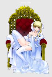Rule 34 | 10s, 1girl, aldnoah.zero, asseylum vers allusia, blonde hair, blue thighhighs, blunt bangs, breasts, chair, copyright name, dress, full body, garter belt, garter straps, green eyes, grey background, high heels, highres, jewelry, long hair, looking at viewer, necklace, nipples, no panties, puffy nipples, simple background, sitting, solo, thighhighs, throne, white thighhighs, yamada ichizoku