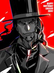 Rule 34 | black hair, black shirt, facial hair, formal, goatee, greyscale, greyscale with colored background, grin, hat, long hair, monochrome, necktie, one piece, raine (acke2445), red background, rob lucci, shirt, simple background, smile, suit, top hat, white suit