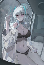 Rule 34 | 1girl, absurdres, averting eyes, bare shoulders, black bra, black panties, blue archive, blush, bra, breasts, cleavage, closed mouth, collarbone, commentary, condensation, eyelashes, fisheye, grey hair, halo, hand up, headphones, highres, holding, holding own hair, indoors, josal, large breasts, long hair, navel, no pants, noa (blue archive), on bed, open clothes, open shirt, panties, pillow, purple eyes, shirt, sidelocks, sitting, solo, stomach, symbol-only commentary, thighs, underwear, very long hair, white shirt, window, window shadow